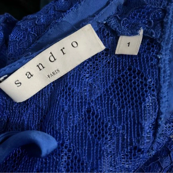 Sandro Paris Mikka Lace Dress Blue Tie Back Mini Fit & Flare Party Cocktail - Picture 8 of 11